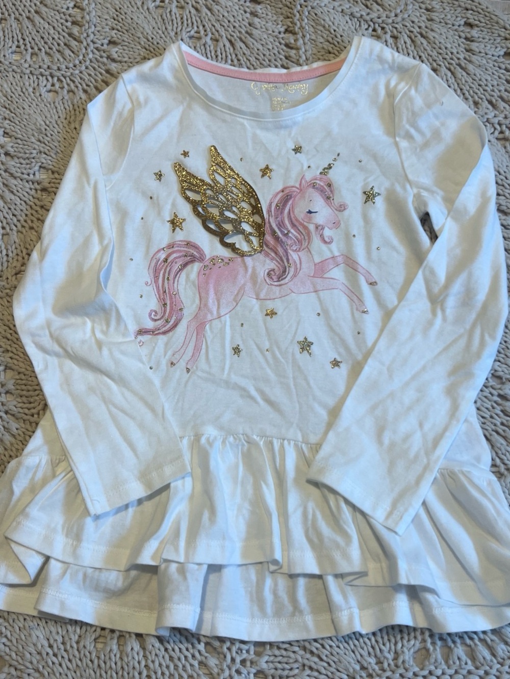 White Long-Sleeve Unicorn Peplum Top with Pink & Gold